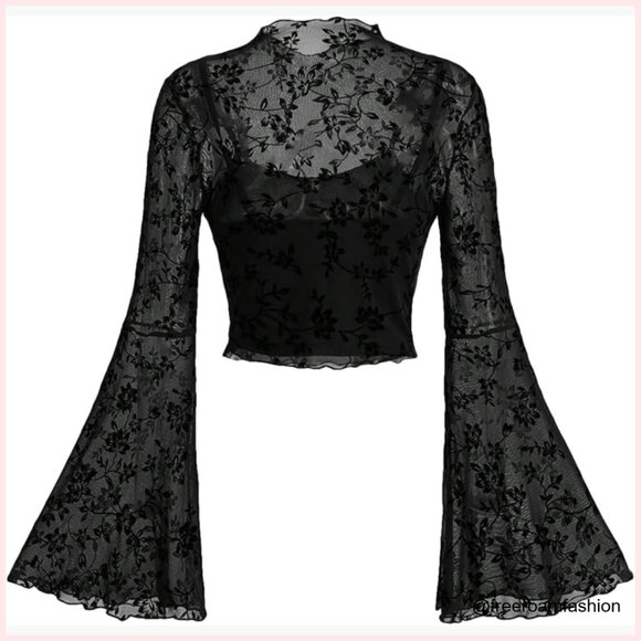 Tops - Mesh Crop Top with Bell Sleeves Floral Print Slim Fit Summer Tee